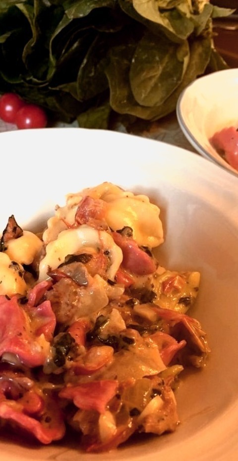Pasta And Noodles - Cheese Tortellini With Italian Sausage And Mushroom-Spinach Cream SauceCheese Tortellini