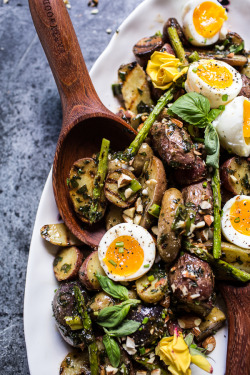 do-not-touch-my-food:  Grilled Potato Salad with Almond-Basil Chimichurri and 7-Minute Eggs
