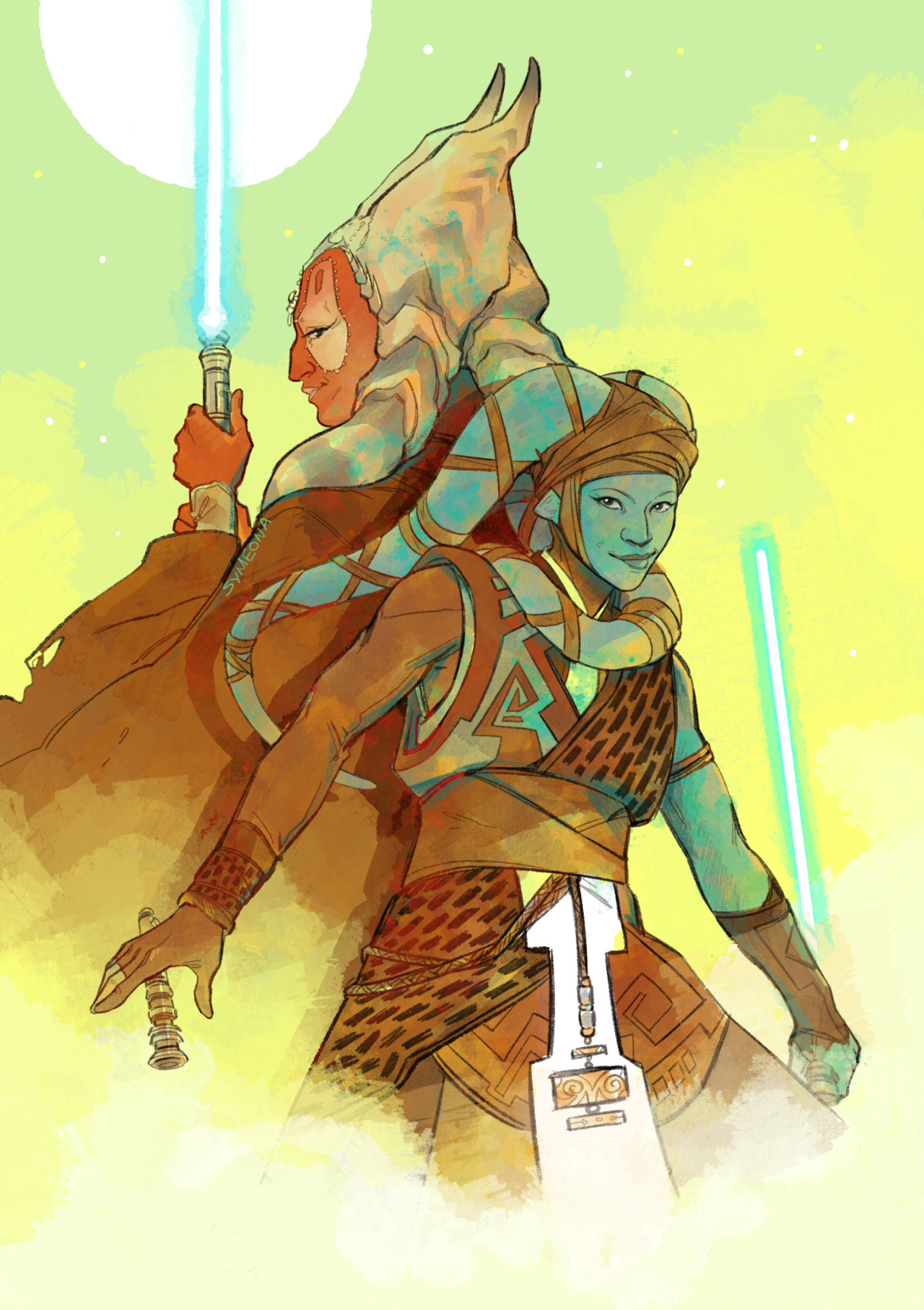 Fanart depicting the Jedi characters Aayla Secura and Shaak Ti from Star Wars posing back to back.