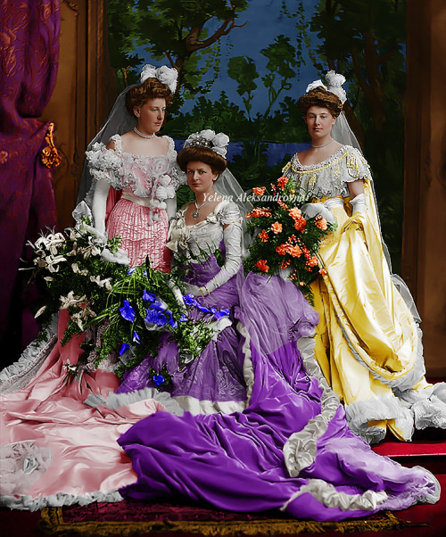 The daughters of the 16th baron St. John the day they were presented at court, 1904. Photo colored b