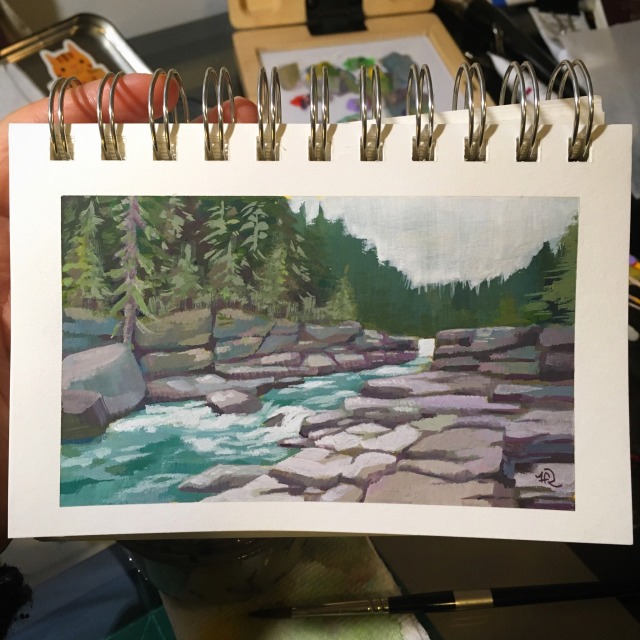 a rushing river, lots of rocks and pine trees.