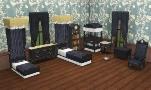 TS4: Antique Nursery Setincludes 11 items: toddler’s bed, child’s bed, crib, bed canopy, curtains, b