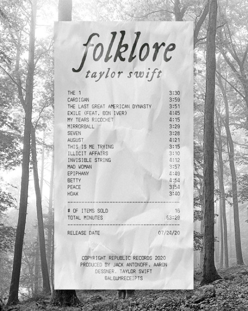 emmaduerrewatson: ‘‘folklore’’ (2020) by Taylor Swift album receipt.
