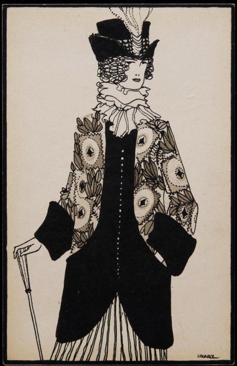 Maria Likarz-Strauss, fashion postcard, 1908-14. For Wiener Werkstätte, Vienna. Via Museum of Applie