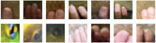 Pink human fingertips seen against a green background