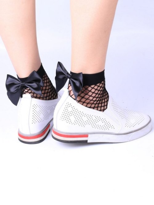 niseu:Fishnet Bowknot Embellished Anklet Socks