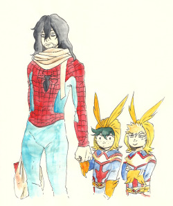 meikuu: Tired uncle taking care of the kids on Halloween Aizawa dressed as spiderman, requested by @gayassgel ! 