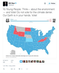 mindblowingscience:  Bill Nye wants young people to vote. Don’t let him down.  Do it for the environment, do it for the Science guy; do it for Science. The chart above is what the US electoral map would look like if only millennials voted. 