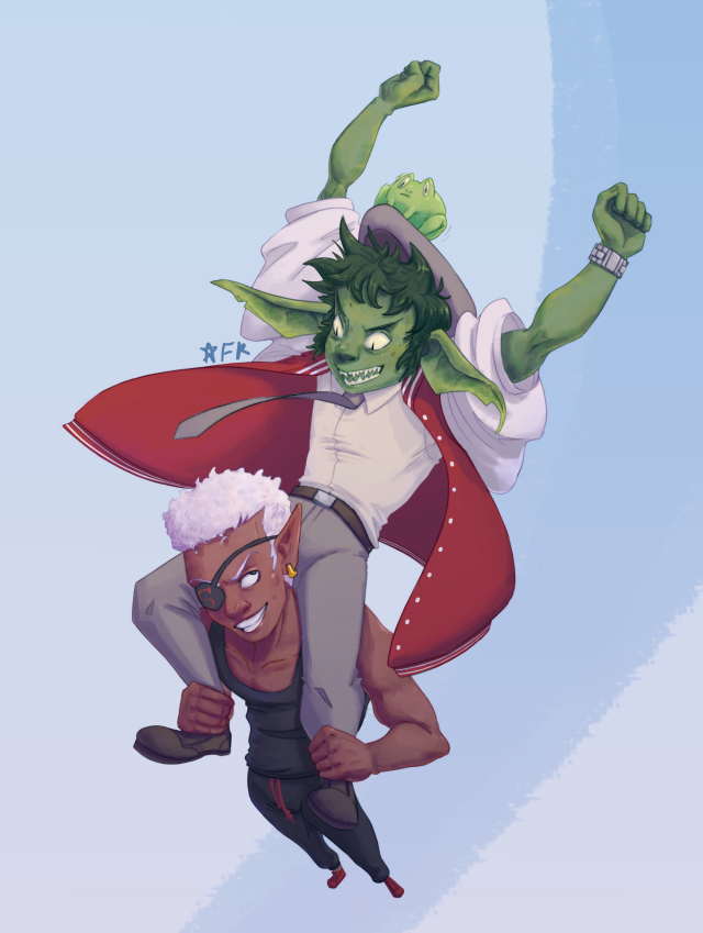 [ID: A digital illustration of Riz Gukgak on the shoulders of Fabian Seacaster, from Fantasy High. Riz is stretched back, pumping his fists, as Fabian holds onto his ankles. Boggy the Froggy is riding on Riz's cap, looking alarmed. End ID]