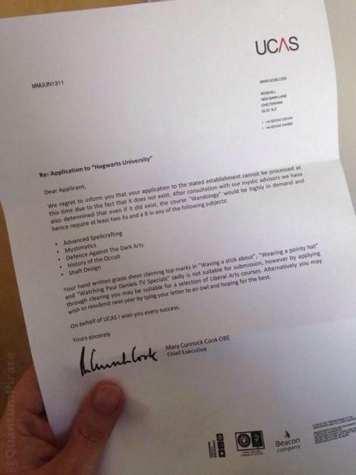 Someone applied to Hogwarts&hellip;and actually got a reply from UCAS.Fromhttps://twitter.com/Renzo_