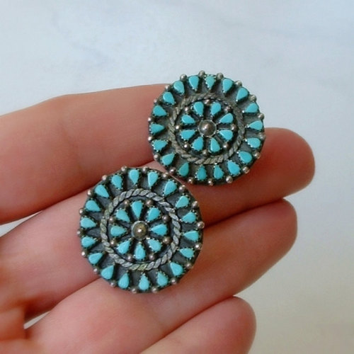 Old Pawn Vintage NATIVE American TURQUOISE Earrings Signed C.K. Zuni Petit Point Cluster STERLING Si