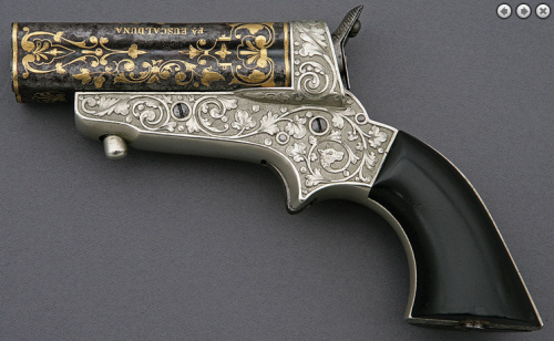 An engraved and gold inlaid copy of a Sharps four shot derringer, produced by Fabrica Euscalduna of 