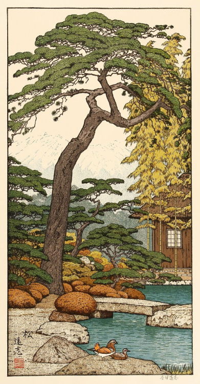 Pine  -  Tōshi Yoshida , 1980.Japanese, 1911-1995Colour woodblock print on paper,51.0 × 25.0 cm.
