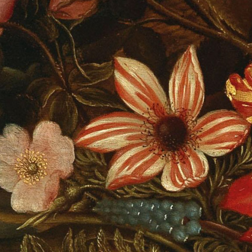 antoniettabrandeisova: Mixed flowers in a basket with fruit and shells in the foreground (detail), A