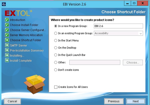 EXTOL Business Integrator 2.6 Server Install Shortcut folder set-up