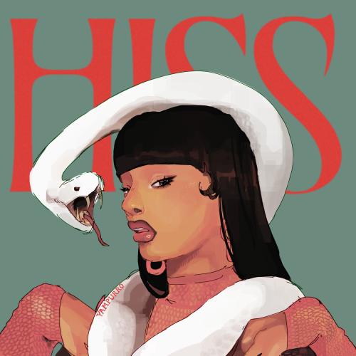 A drawing of Megan Thee Stallion's "HISS" Single cover art. Megan has brown skin and long black straight hair with bangs covering her forehead. Megan is wearing a long sleeved red mesh top and has her hands on her shoulders. There is a white snake loosely wrapped around her neck with it's head facing hers, hissing. The background is a teal color with the word "HISS" in all capital letters behind her. This one is slightly more zoomed out to display the picture more accurately to the cover art.
