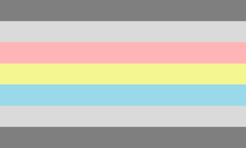 The picture shows the demiflux flag. It has seven stripes, the colors from the top to bottom being: dark gray, light gray, pastel pink, pastel yellow, pastel blue, light gray and dark gray.