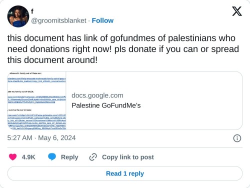 this document has link of gofundmes of palestinians who need donations right now! pls donate if you can or spread this document around! https://t.co/29hkjdyt0w  — f (@groomitsblanket) May 6, 2024