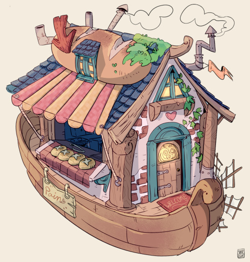 beebeedibapbeediboop: beebeedibapbeediboop:Designed a bakery boat-house for concept art class  