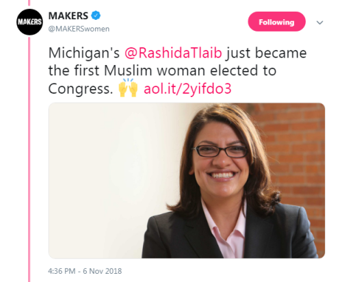 “Michigan&rsquo;s @RashidaTlaib just became the first Muslim woman elected to Congress. https://aol