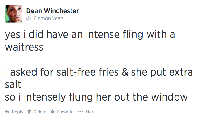 mishasminions:  DEMON DEAN SETTING THE RECORD STRAIGHT   I wouldn&rsquo;t use