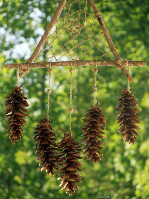 frolicingintheforest:  First triangle dreamcatcher I made! It’s still holding up wonderfully, outside! (: