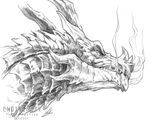 A digital pencil-style portrait of Alduin from Skyrim, facing right. He glances down at the viewer disdainfully. Stylized smoke curls out from between barely-shown teeth.