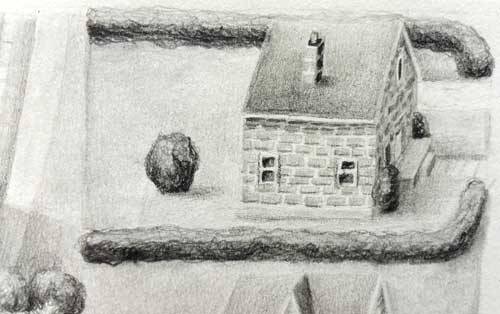 Gabrielle Nowicki 2016 - Detail of work in progress. Houses 1-11 of 72Neighbourhood, graphite on pap