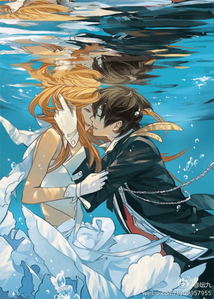 Cute anime couple underwater