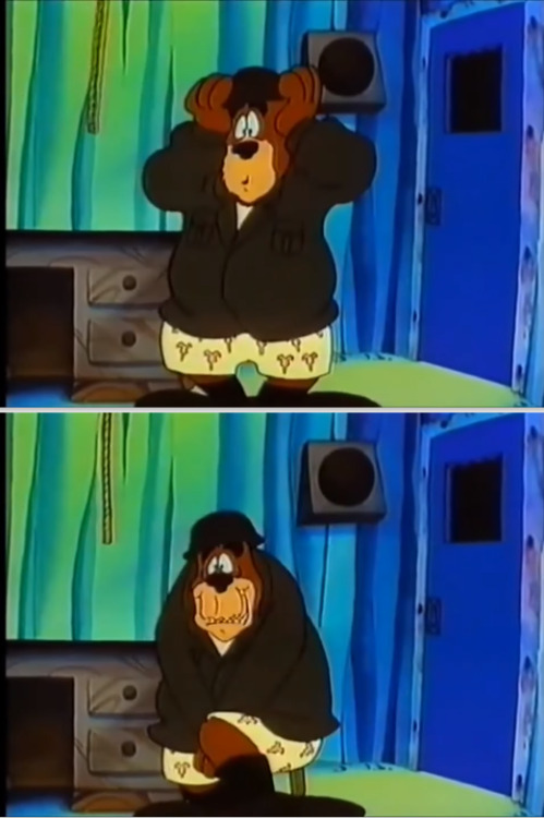 One of Cyril Sneer’s bear soldiers in the Raccoons and the Lost Star. …is it… Cyril’s face printed on this guy’s boxers? *facepalm* It’s not even the only time you see those. Spoiler : on two other occasions, Bert