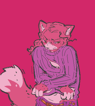 a digital drawing animation loop of an anthropomorphic version of doppio from jojo's bizarre adventure vento aureo transforming into diavolo. he takes off his sweater to morph, throwing it towards the camera. it fades to black momentarily and the lines become white, showing a cat-nosed king crimson and a doppio with king crimson's little face on his forehead while the camera spins around him. it then loops back to the start of the animation. doppio is depicted as a pink cat and diavolo as a pink cheetah.