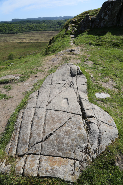 Dunadd Iron Age Fort Inauguration Stone and Summit, Argyll, 3.6.16. The famed stone and location is 