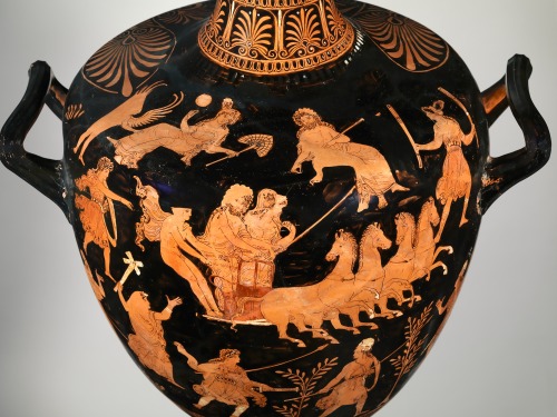 via-appia:  Terracotta hydria (water jar), the abduction of Persephone by Hades surrounded by gods. Attributed to the Group of B.M. F 308, Greek, Apulian, ca. 340–330 B.C. 