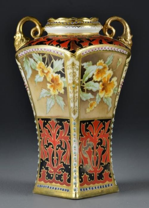 Nippon Moriage Porcelain VaseDecorated with floral and fauna throughout, having raised enamel beaded