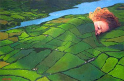 blondebrainpower:  Barry Maguire’s painting of a child sleeping under a quilt of the Irish countryside.  