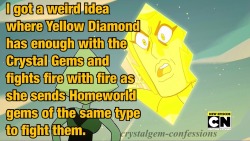 makarainsanity:  molento:  cayteecat:  hoovoolooian:  cayteecat:  hoovoolooian:  crystalgem-confessions:  “I got a weird idea where Yellow Diamond has enough with the Crystal Gems and fights fire with fire as she sends Homeworld gems of the same type