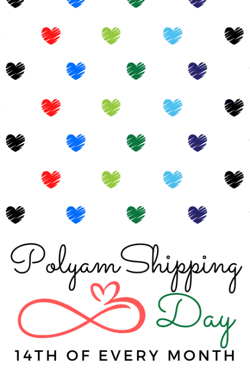 polyamships: [ID: “Polyam Shipping Day / 14th of every month”. Next to the text is a red