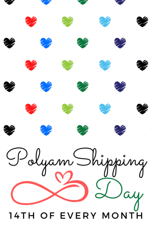 polyamships: [ID: “Polyam Shipping Day / 14th of every month”. Next to the text is a red infinity si