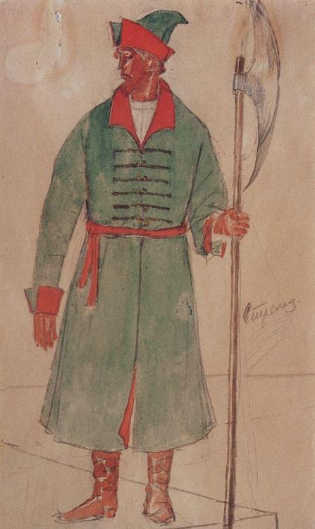 kuzma-petrov-vodkin: Costume design for Archer to the tragedy of Pushkin’s Boris Godunov, 1923, Kuzm