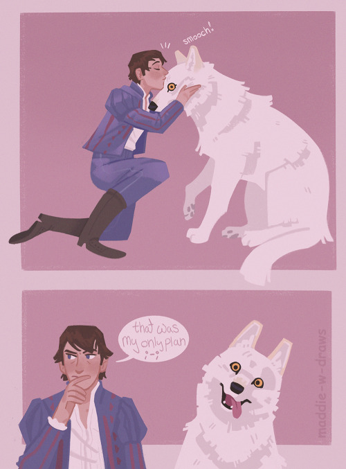 maddie-w-draws:Adventures of Jaskier who thinks a wolf he finds is a cursed Geralt, inspired by this