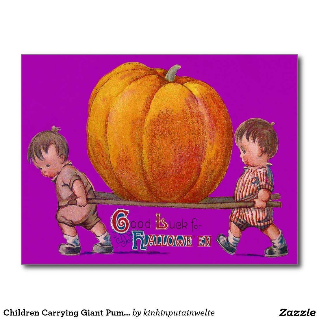 Children Carrying Giant Pumpkin Purple Postcard 1 10 Made By Zazzle 