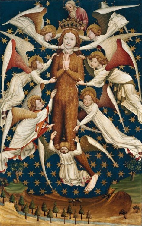 thegetty:  auspiciousplatypus:  Mary Magdalene Raised by Angels. Anonymous (Gdańsk), circa 1430 National Museum in Warsaw.  The graphic patterned background, fierce Mary Magdalene body suit, and detailed angels with awesome individual expressions, tell