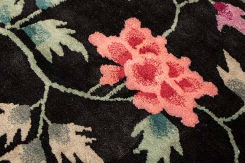 Chinese Red and Black Wool Rug with Art Deco Floral Patterns