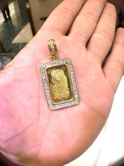 ritzjewelers: We Created This 10 Gram Swiss Pamp Diamond Pendant.  A Pure Gold Swiss Bar set in