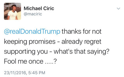 wilwheaton: micdotcom: Some Trump voters are already feeling buyers’ remorse Oh, that’s too bad. It’s almost like you’re really stupid people who got conned. Silver lining, though: all the racism, bigotry, misogyny, homophobia and Islamophobia