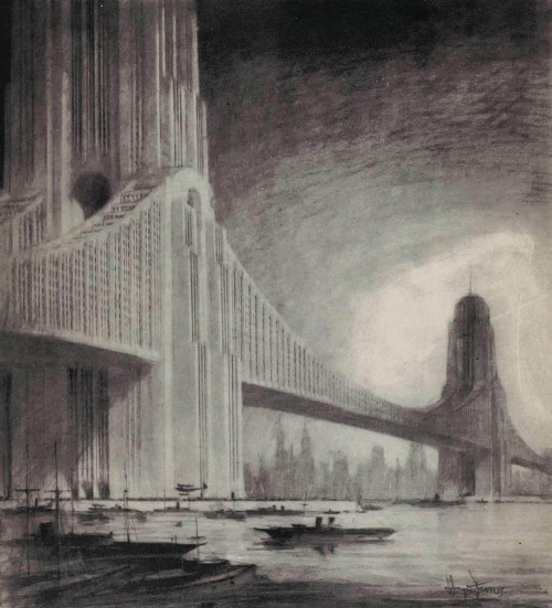 newyorkthegoldenage: Skyscraper bridges, 1925, Raymond Hood.Raymond Hood, designer of 30 Rockefeller