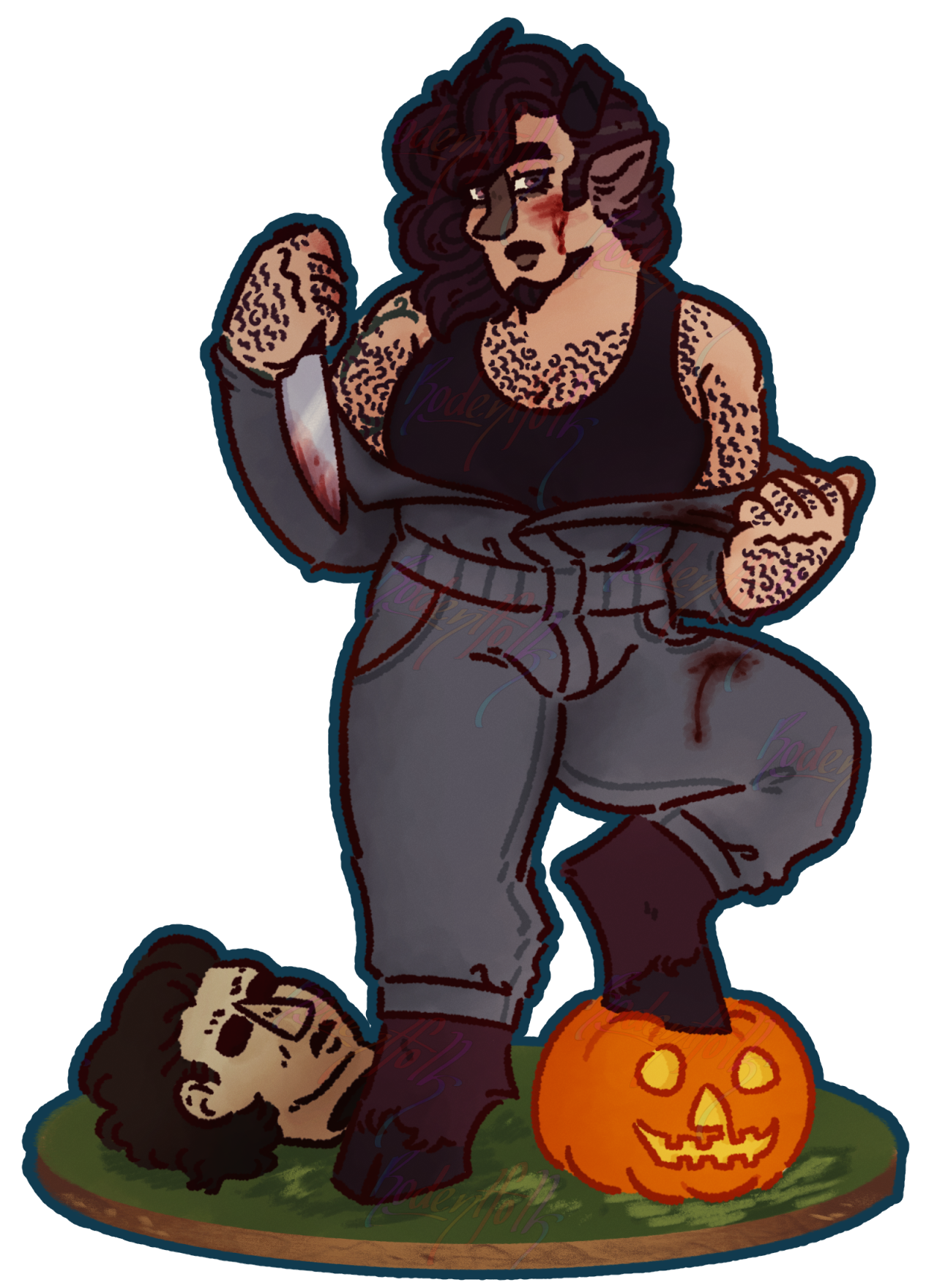 It is an illustration of Nik's character, Monty. He is a faun with dark brown hair, black horns, black hooves, and light brown fur on his legs that turns dark brown. He is dressed similar to Micheal Myers from the horror franchise, Halloween. Wearing dark grey mechanic overalls that are unzipped to expose a black tank top beneath. He is holding a knife with blood dripping down it. Blood is smeared on one of his cheeks, and on the overalls. He is standing with one hoof on a pumpkin, giving the camera an emotionless look. On the grass behind him is Micheal Myers' mask.