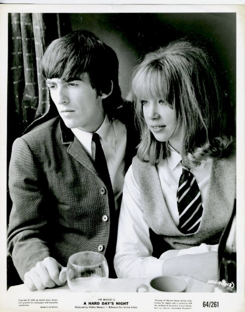 thateventuality:George Harrison and Pattie Boyd on the train during the filming of A Hard Day’s Nigh