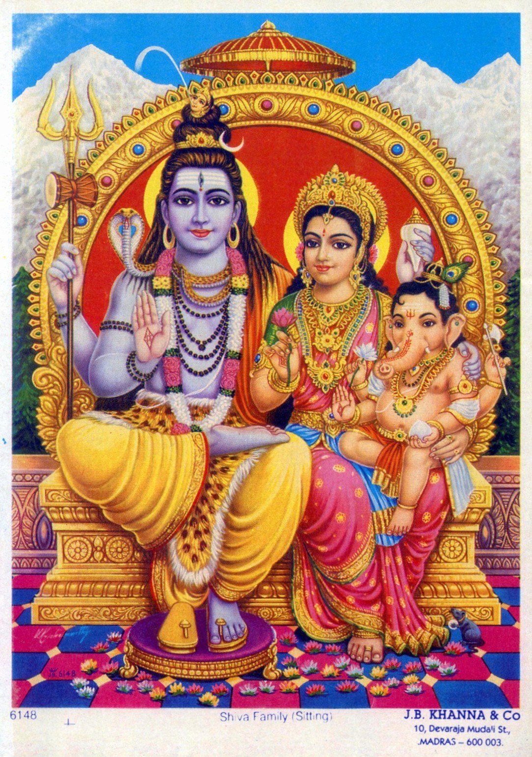 Hindu Cosmos - Shiva, Parvati & Young Ganesh 1970s Devotional...