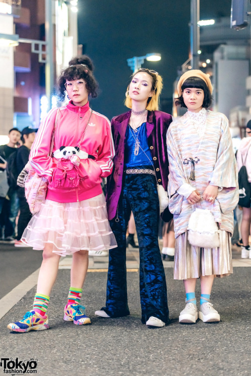 PinPin, Fish Allier, and Teiyu on the street in Harajuku wearing handmade and vintage fashion along 